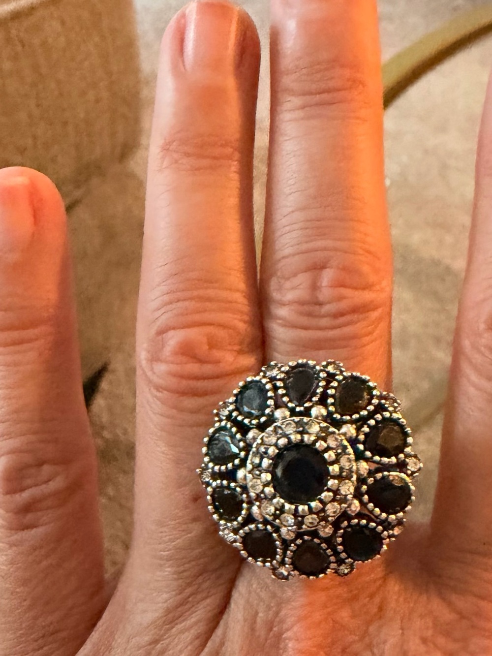 Turkish  Black and Silver Cluster Cocktail Ring